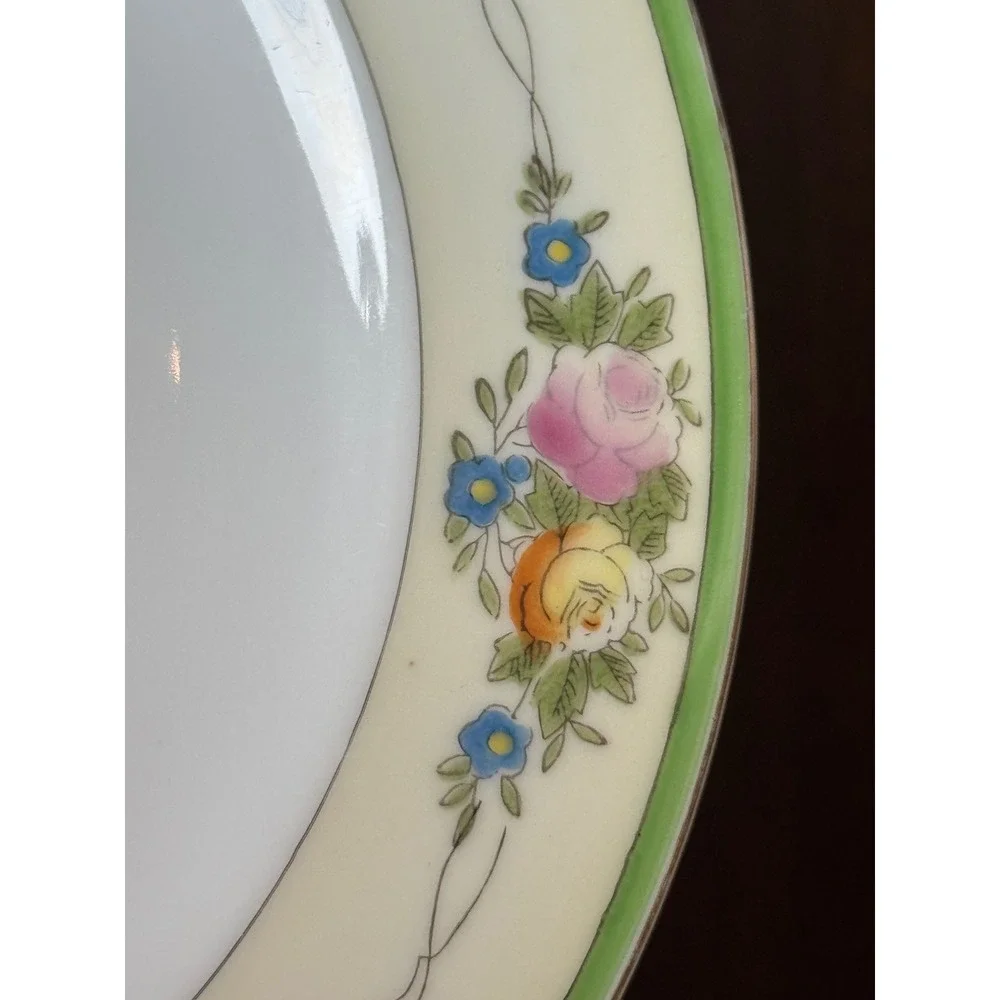 Vintage Hand Painted Japanese Floral Salad Plates Set of 5 Green Rim 8.5 Inch